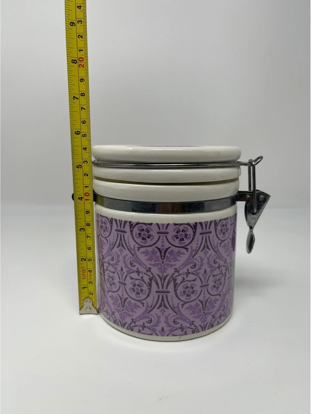 Vintage Purple Floral Ceramic Jar Canister Storage Container Wire Metal Clamp